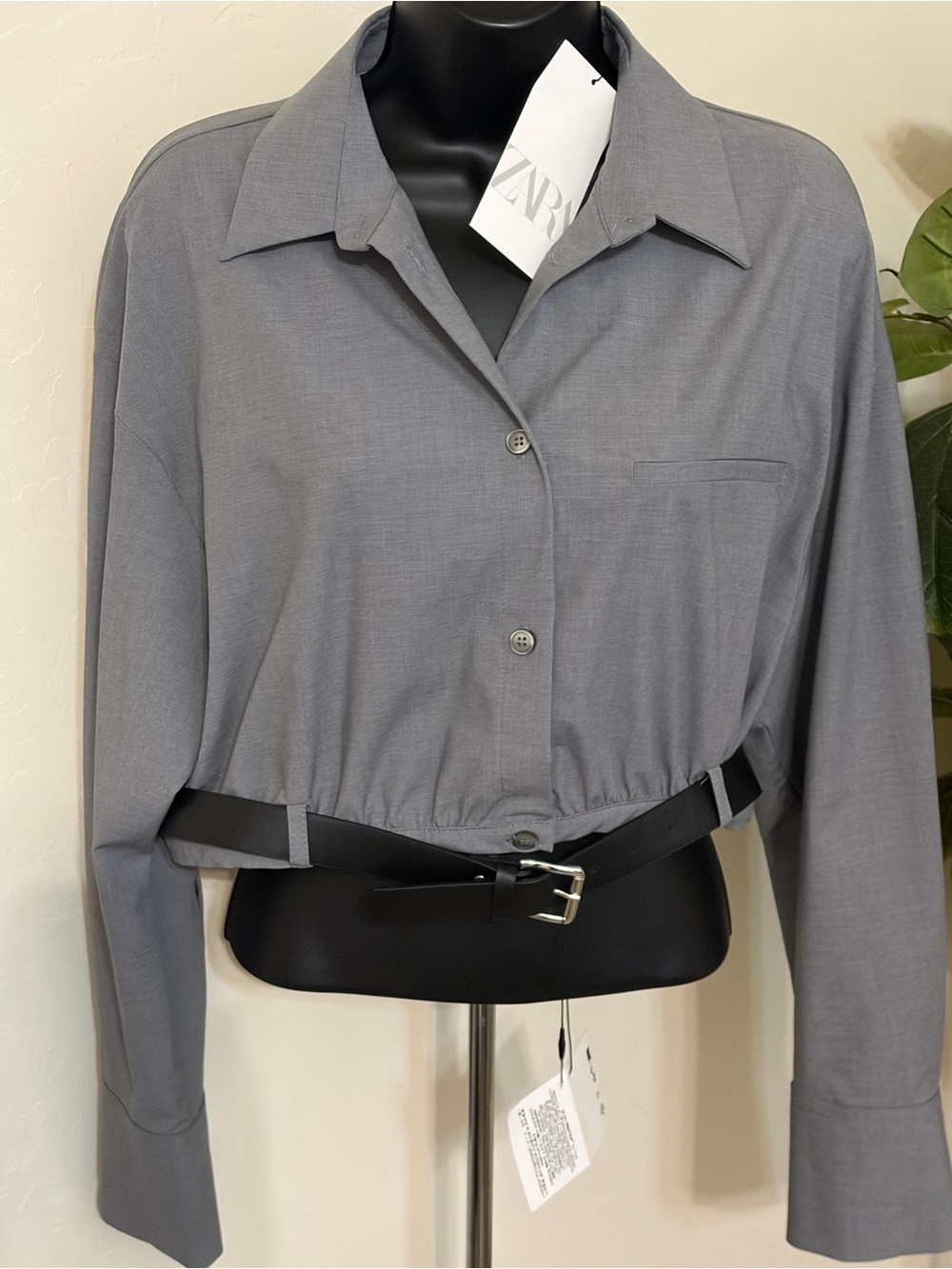 Zara Grey Cropped Button-Up Shirt